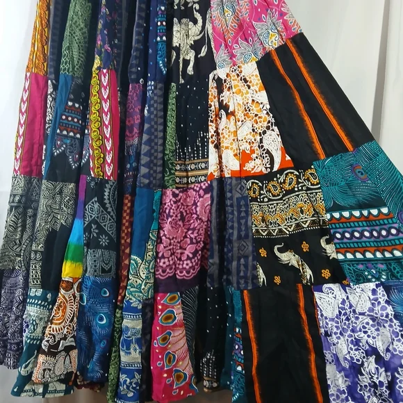 Womens Patchwork Long Maxi Peasant Skirt Boho Heavy Hippie Gypsy Colorful - Picture 8 of 10